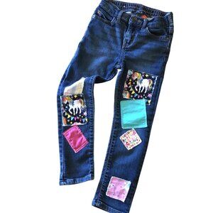 Elastic Waist Denim Jeans, Upcycled Unicorn Theme Patchwork Pants Girl's Size 5